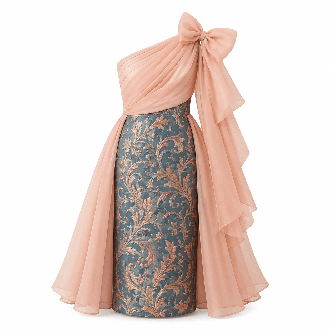 Peach Bow and Blue-Gold Brocade Dress