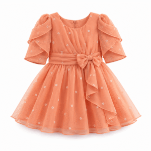 Peach Floral Flutter-Sleeve Party Dress