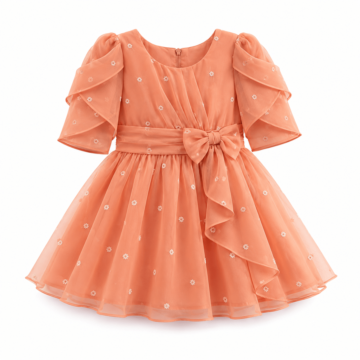 Peach Floral Flutter-Sleeve Party Dress