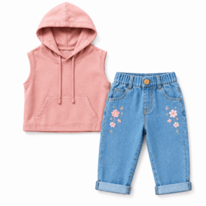 Pink Hoodie and Floral Denim Set