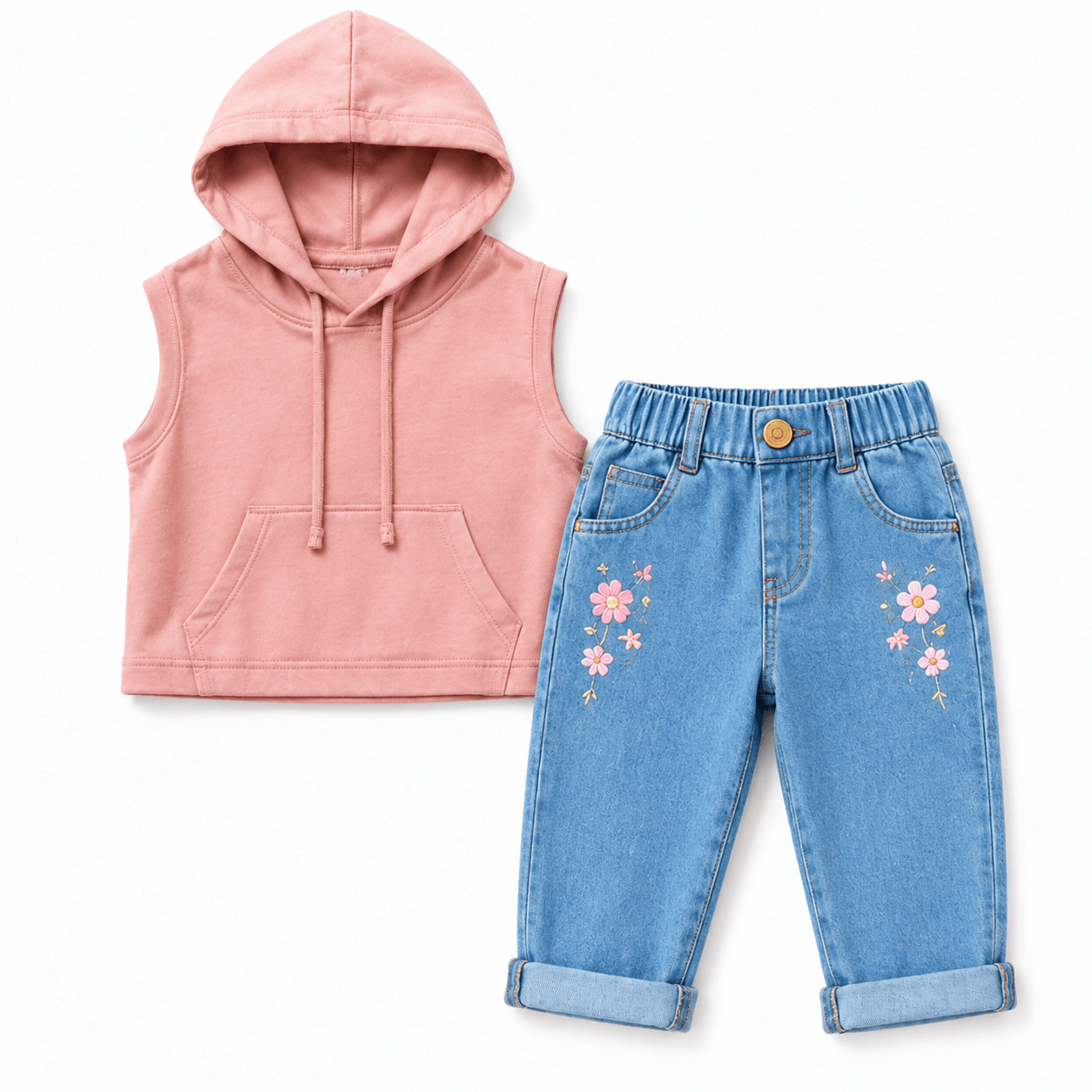 Pink Hoodie and Floral Denim Set