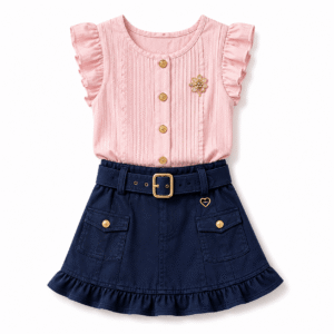Pink Ruffled Blouse and Navy Skirt Set