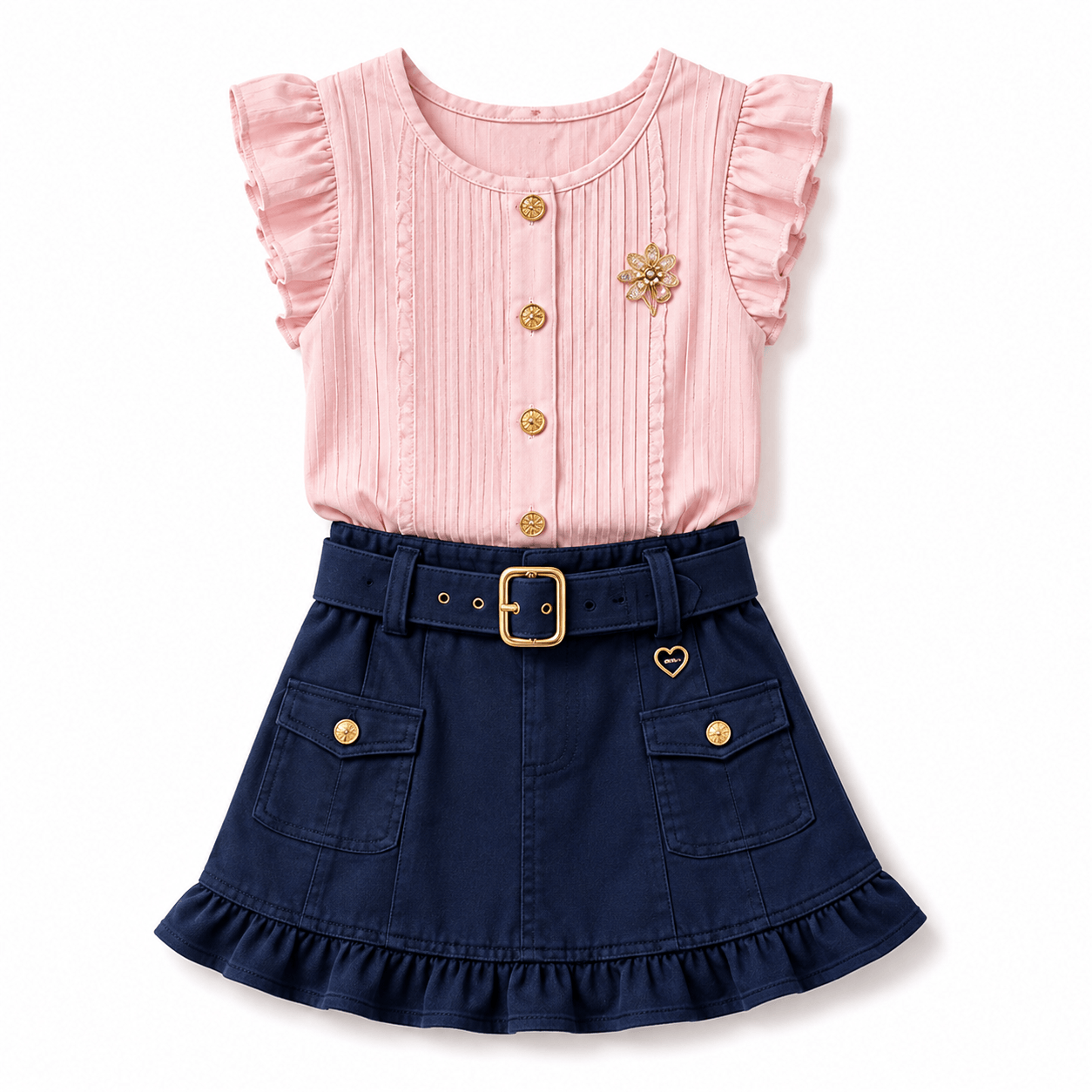Pink Ruffled Blouse and Navy Skirt Set