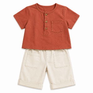 Rust Shirt and Cream Shorts