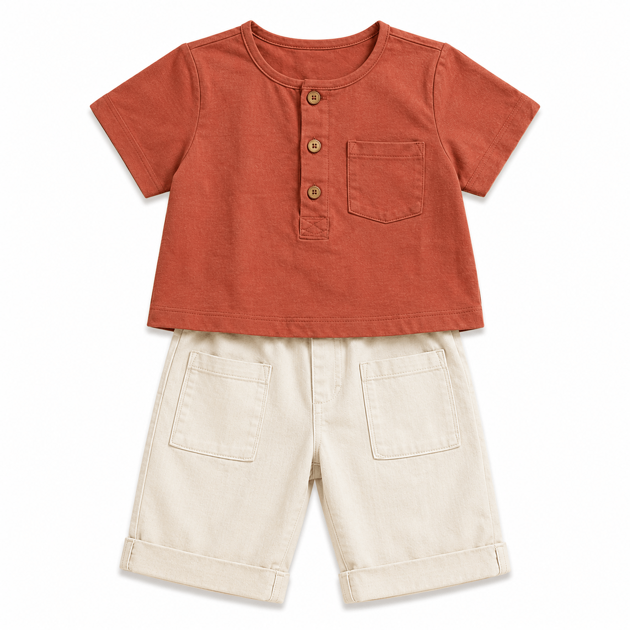 Rust Shirt and Cream Shorts