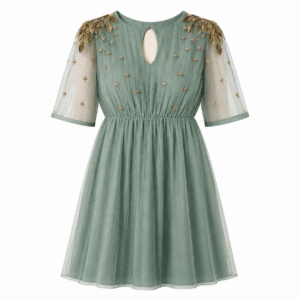 Sage Green Gold-Embroidered Tulle Dress