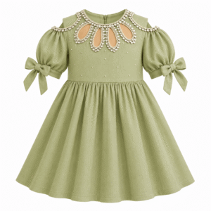 Sage Green Jeweled Puff-Sleeve Dress