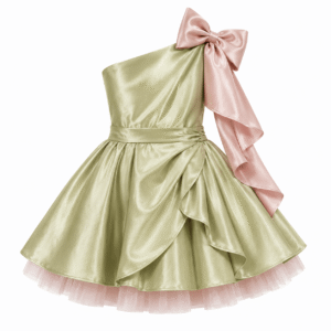 Sage Satin Dress with Pink Bow