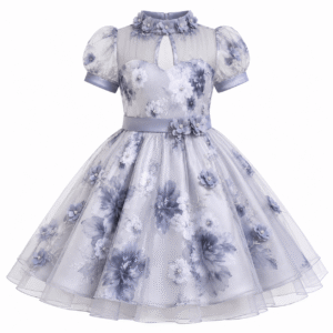 Silvery Gray Floral Organza Party Dress