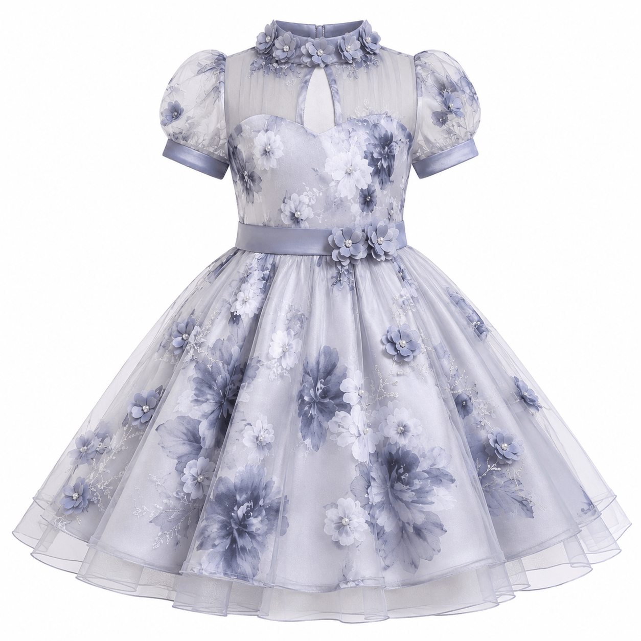 Silvery Gray Floral Organza Party Dress