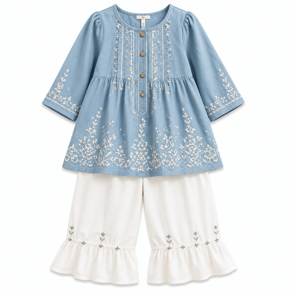 Sky Blue Tunic and Ivory Ruffled Pants