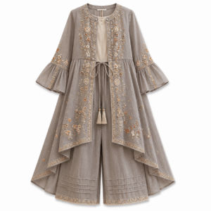 Taupe Embroidered Layered Ensemble