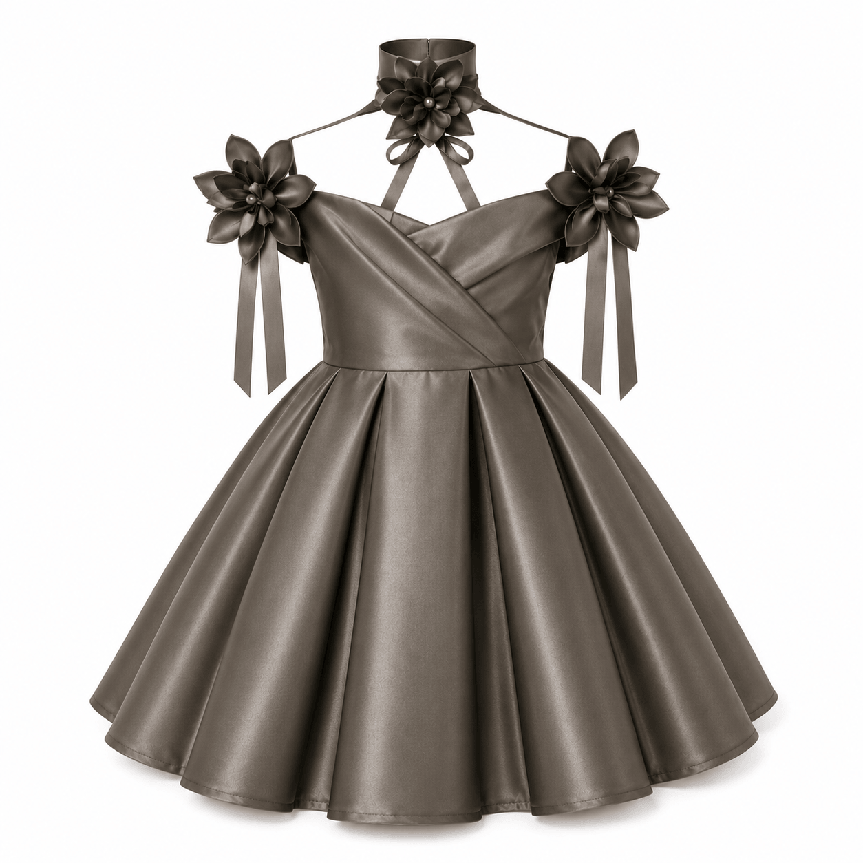 Taupe Satin Off-Shoulder Party Dress