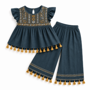Teal Embroidered Tassel Dress