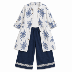 White Floral Duster with Navy Lace Pants