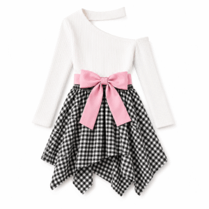 White One-Shoulder Outfit with Pink Bow
