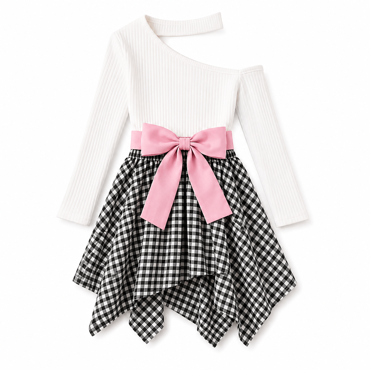 White One-Shoulder Outfit with Pink Bow