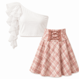 White One-Shoulder Top and Plaid Skirt Set
