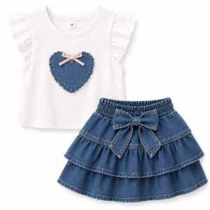White Top and Layered Denim Skirt Set