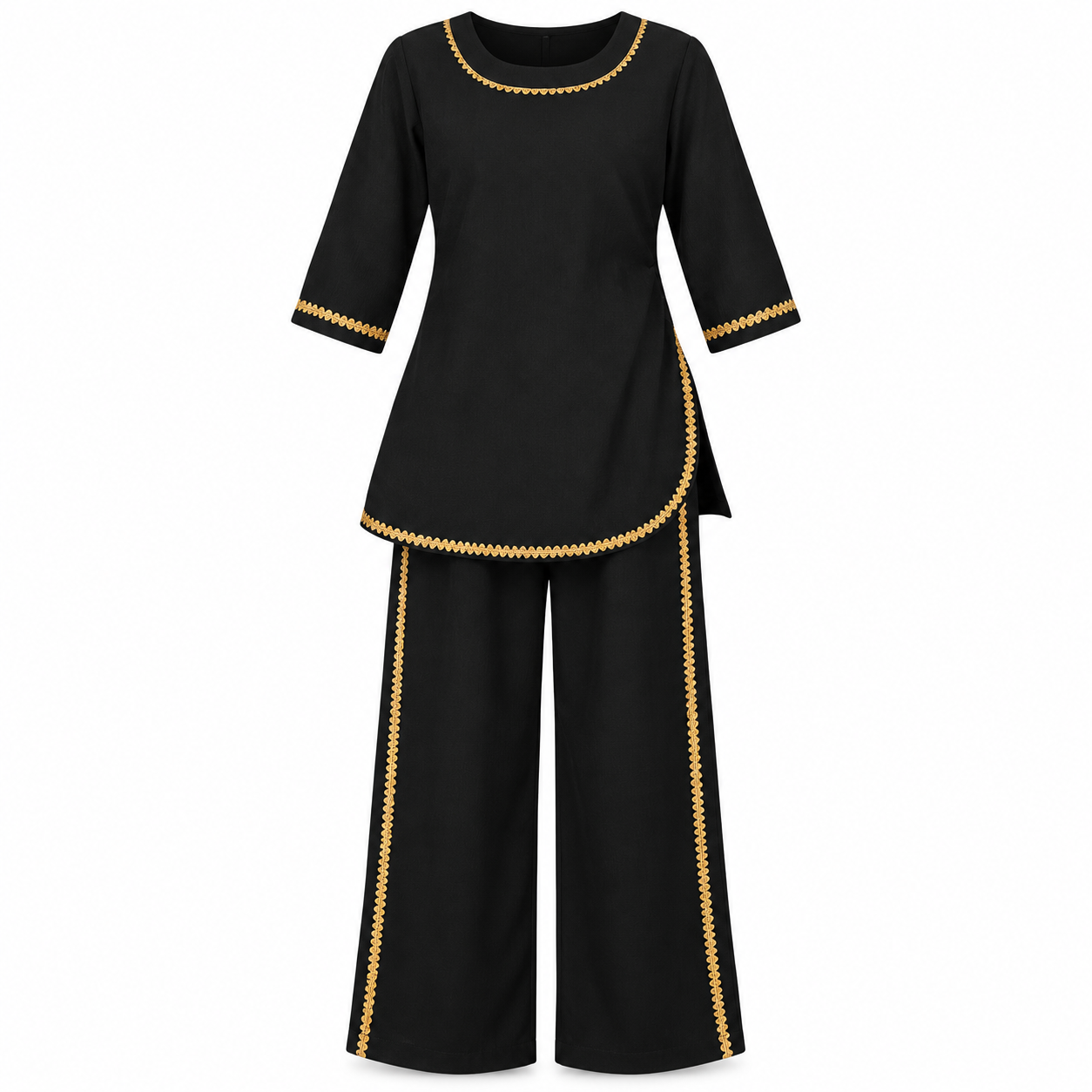 Gold-Trimmed Kurti with Wide-Leg Pants Set