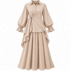 Beige Knot-Tie Asymmetric Tunic Top and Pleated Maxi Skirt