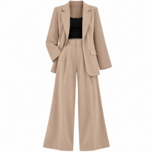 Beige Tailored Blazer with Black Top and High-Waisted Trouser