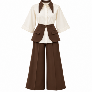 Contrast-Collar Shirt with Peplum Pocket Overskirt and Wide-Leg Trouser