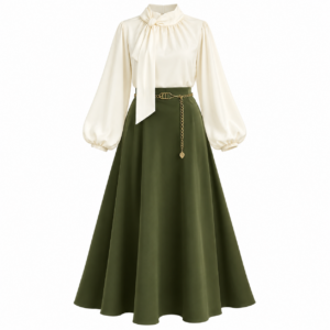 Cream Tie-Neck Blouse & Olive Green A-Line Skirt Set