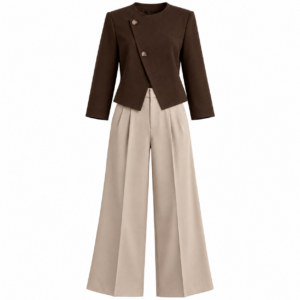 Dark Brown Asymmetric Jacket and Cream Wide-Leg Trousers