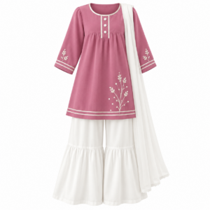 Dusty Pink Embroidered Short Kurti with White Sharara and Dupatta