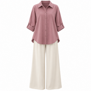Dusty Rose Roll-Tab Button-Down Shirt with Cream Wide-Leg Pants