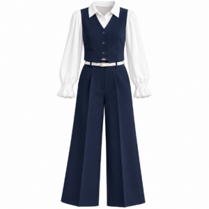 Navy Vest & Wide-Leg Pants Set with White Shirt