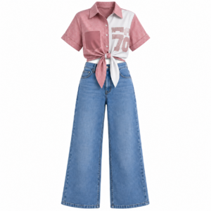 Pink and White Tie-Front Shirt Wide-Leg Jeans