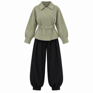Sage Green Belted Jacket and Black Balloon Pants Set