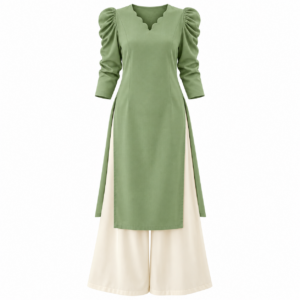 Sage Green Scalloped V-Neck Kurta and Cream Palazzo Pants