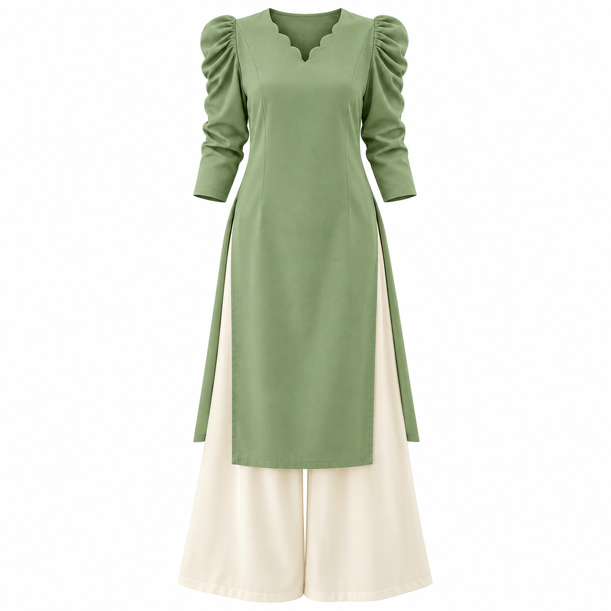Sage Green Scalloped V-Neck Kurta and Cream Palazzo Pants