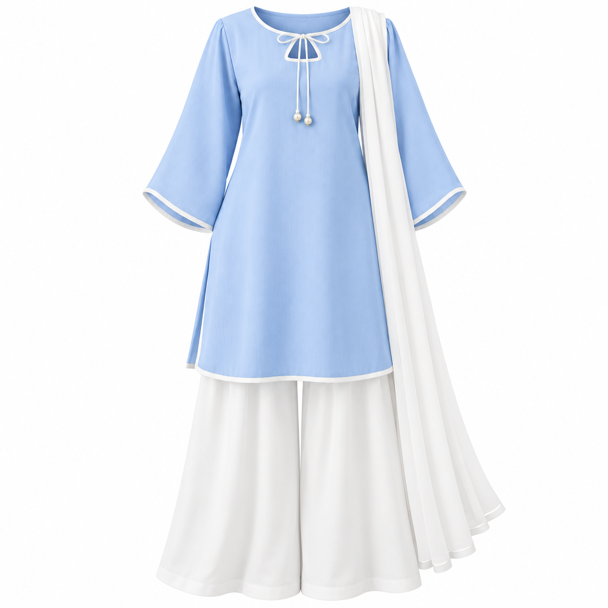 Sky Blue Keyhole-Neck Kurti with White Sharara and Dupatta