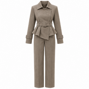 Taupe Faux-Suede Belted Peplum Blazer and Pants