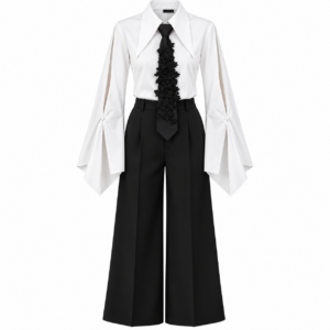 White Split-Sleeve Collared Shirt and Wide-Leg Trousers Set