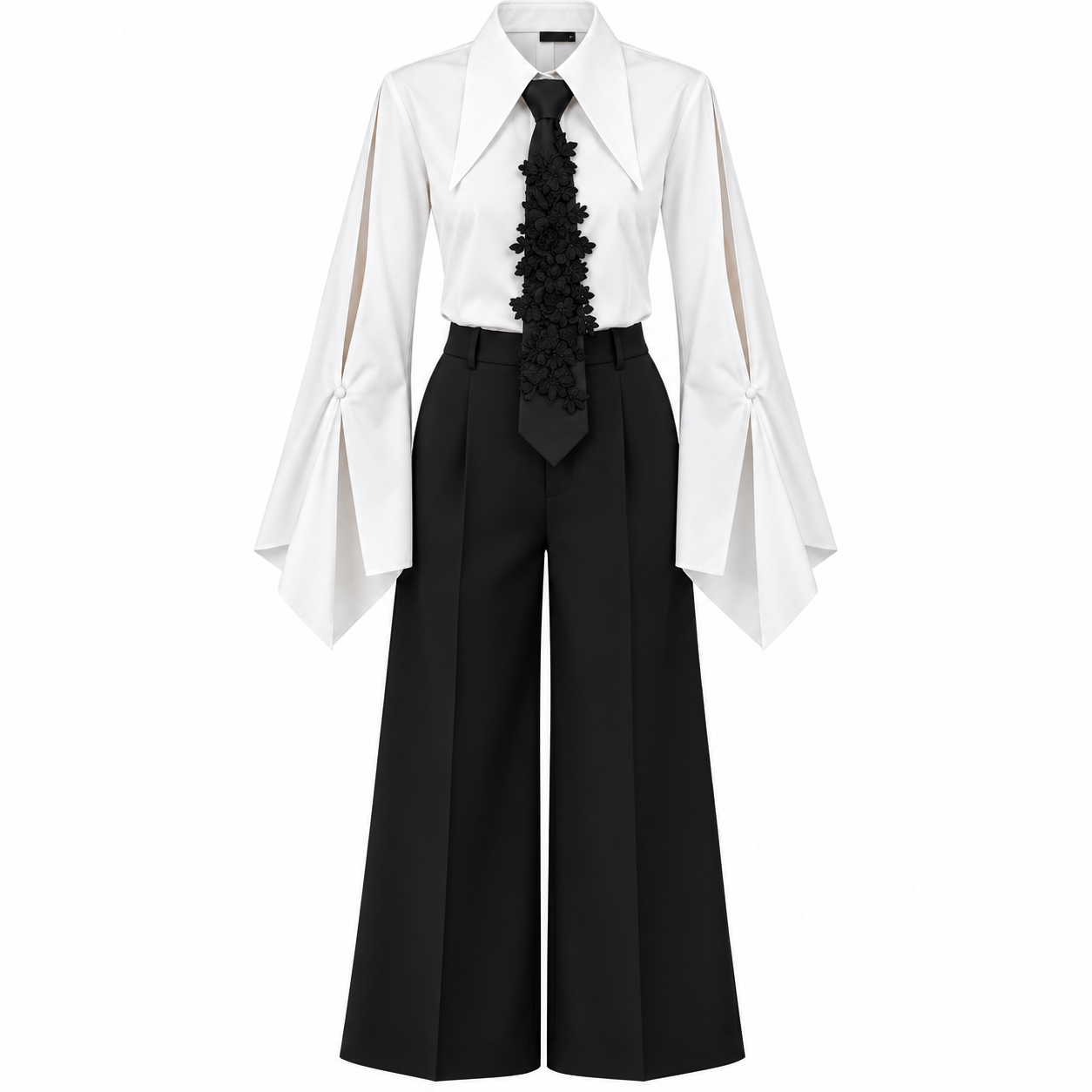 White Split-Sleeve Collared Shirt and Wide-Leg Trousers Set